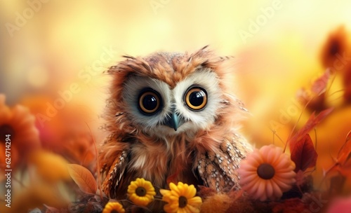 Cute illustration of a baby owl in the forest with unruly fluffy feathers and adorable big eyes and expression, surrounded by vibrant colorful flowers and leaves - generative AI 