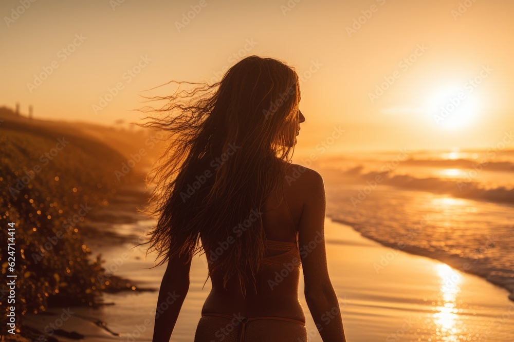 Girl surfer beach sunset. Generate Ai Girl surfer beach sunset. Generate Ai