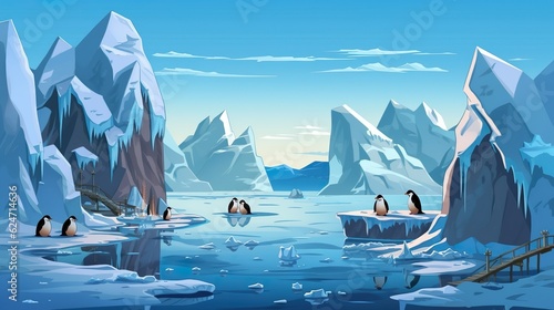 Background iceberg with penguins. The fusion of abstract background and illustrative elements brings to life the beauty of icebergs and penguins. Generative AI.