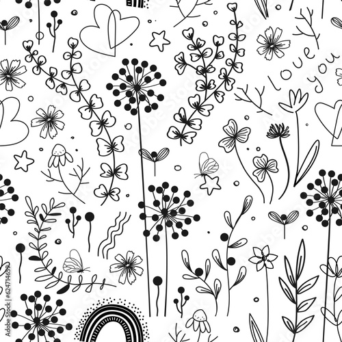 Meadow flowers and herbs boho seamless pattern. Hand drawn blooming grass sketch doodle vector outline background.