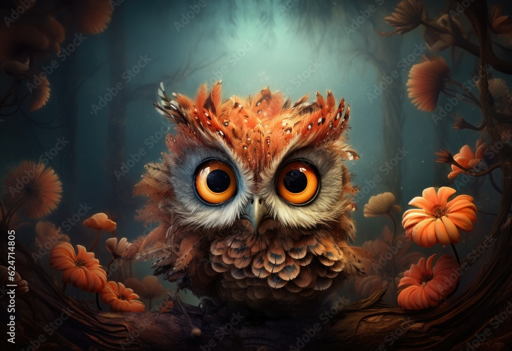 Cute illustration of a baby owl in the forest with unruly fluffy feathers and adorable big eyes and expression, surrounded by vibrant colorful flowers and leaves - generative AI Cute illustration of a baby owl in the forest with unruly fluffy feathers and adorable big eyes and expression, surrounded by vibrant colorful flowers and leaves - generative AI
