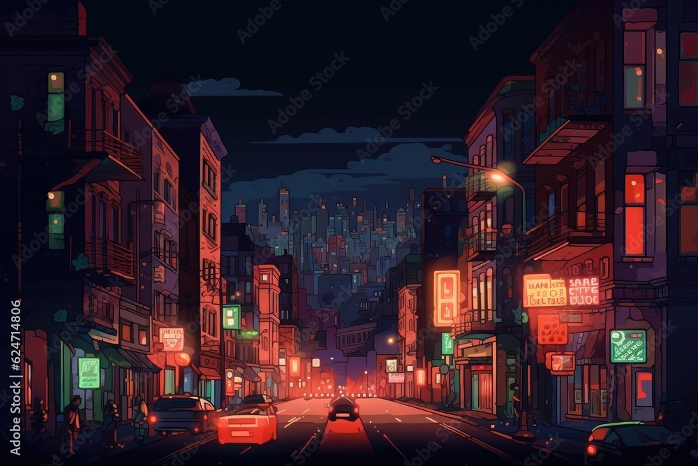 Pixel illustration of a busy street of a big city at night.