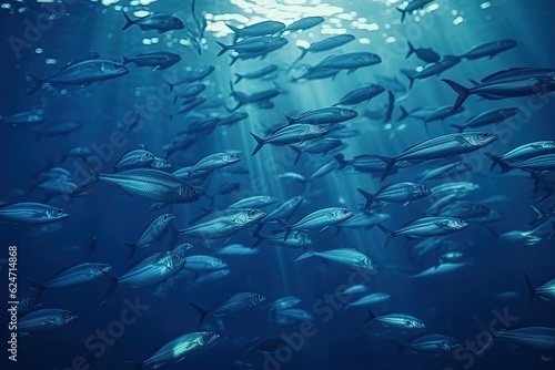 Underwater world, flock of fish in blue water. Illustration.