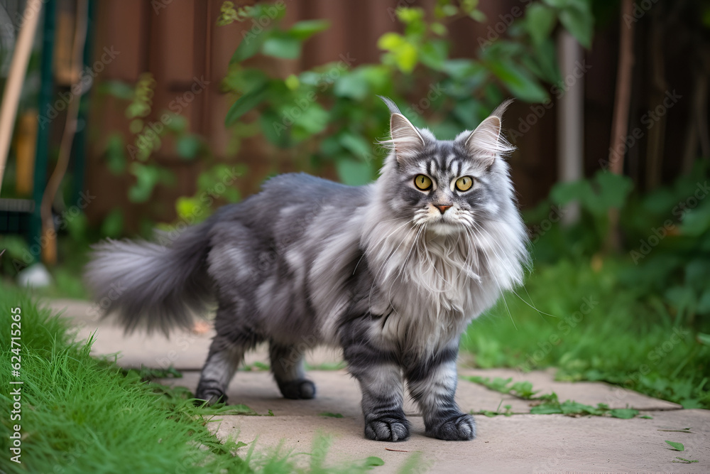 Beautiful grey maine coon cat walking in the yard. Generative AI