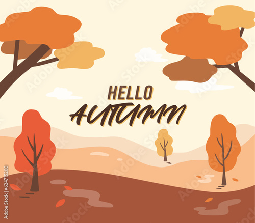 Autumn landscape illustration with hello autumn text , 헬로 가을 글씨가 있는 가을 풍경 일러스트