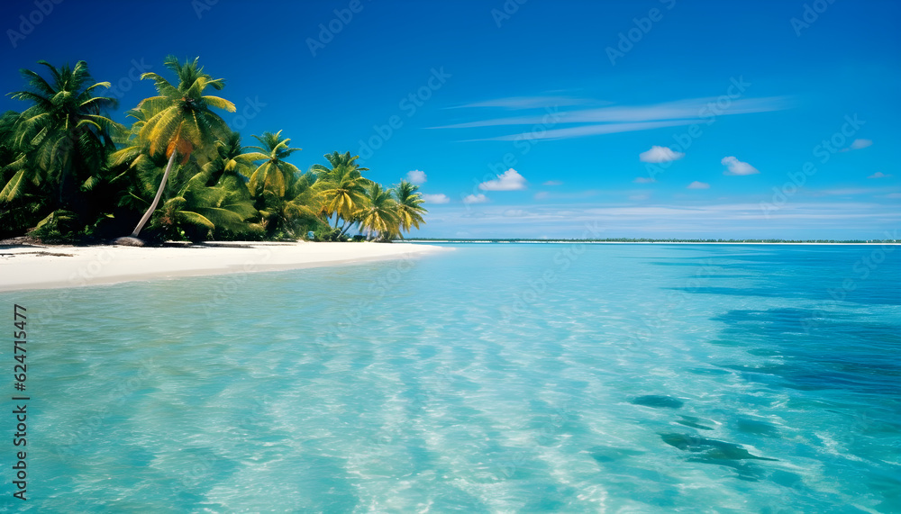 Beach with palm trees and blue sky - Generative AI