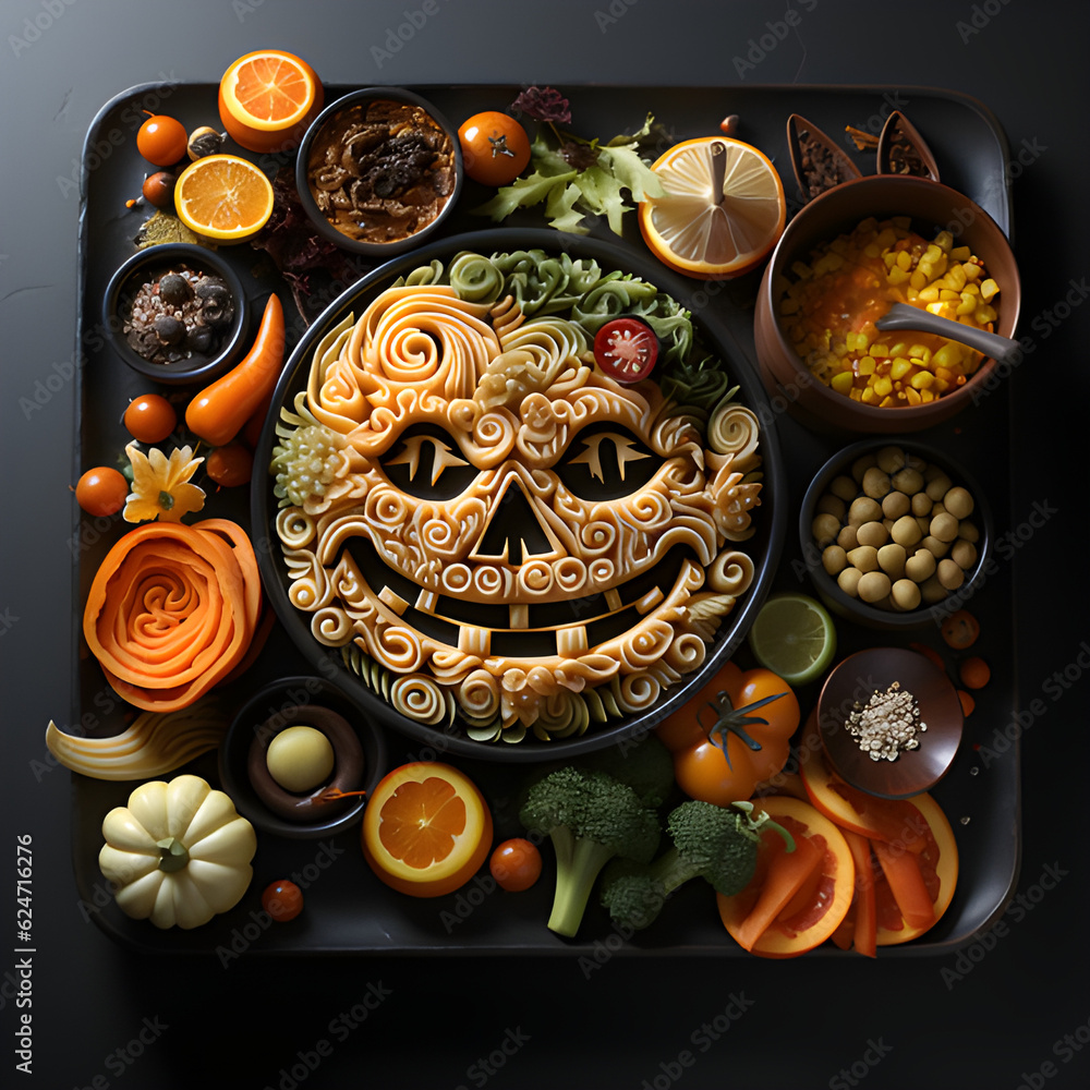 halloween pictograms decorated on different types of food, beautiful isolated.