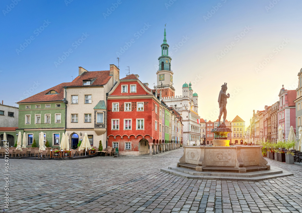 Apollo Fountain on Market square on sunrise in Poznan, Poland