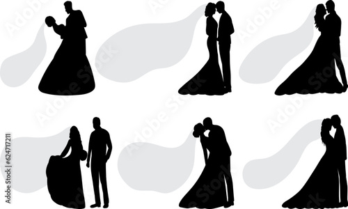 set of silhouette bride and groom with veil vector