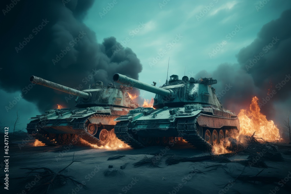Two war tanks in fire. Generate Ai