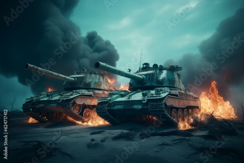 Two war tanks in fire. Generate Ai
