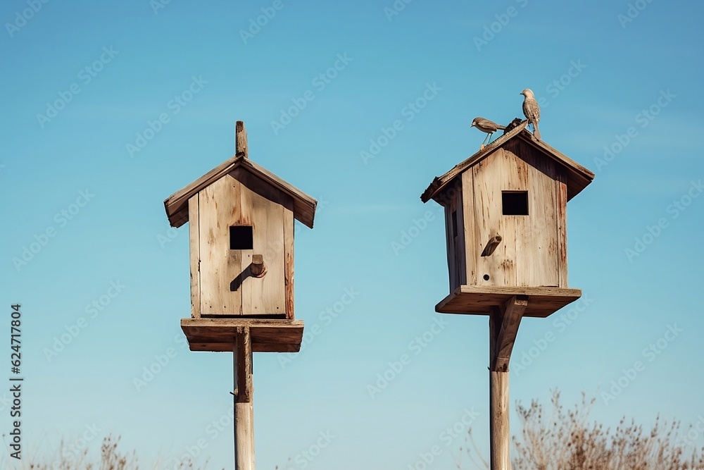 Two wooden birdhouses, a house for birds