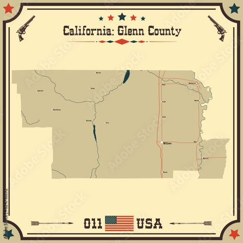 Large and accurate map of Glenn County, California, USA with vintage colors.