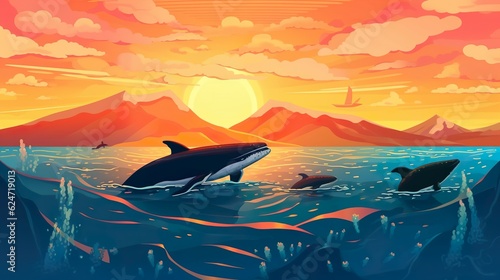 Abstract background migrating whales. Witness the majestic migration of whales in an abstract background illustration designed for captivating banners. Generative AI.