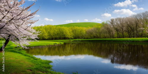Spring concept background stunning nature landscape reflection on water with meadows view