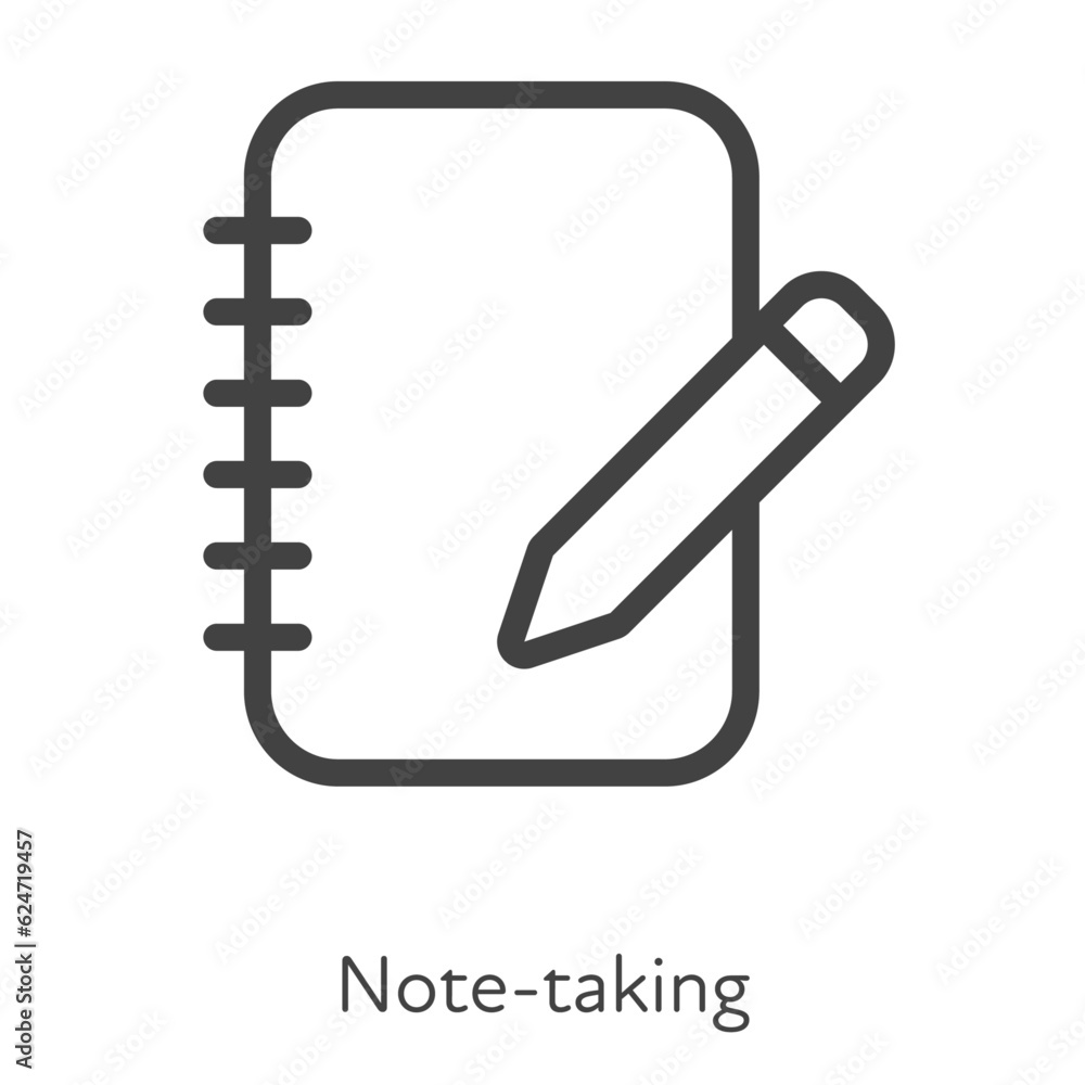 Outline style ui icons hard skill collection. Education and business. Vector black linear icon illustration. Notepad with pen note taking symbol isolated on white background. Design element Outline style ui icons hard skill collection. Education and business. Vector black linear icon illustration. Notepad with pen note taking symbol isolated on white background. Design element