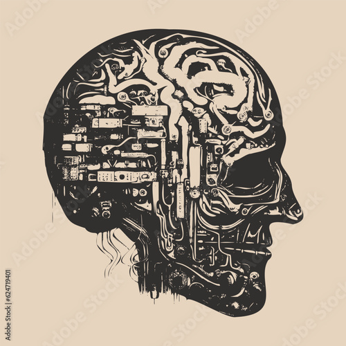 Engraving vintage retro illustration of future education system ai artificial intelligence brain mind human head cyborg. Gravure graffiti style poster. Graphic Art.