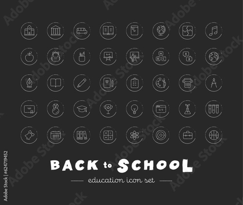 Chalk icons back to school collection. Education and science. Vector black linear icon illustration set. Group of white symbol isolated on black board background. Design for university, college, study
