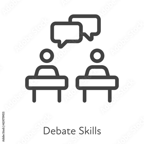 Outline style ui icons hard skill collection. Management and business. Vector black linear icon illustration. People behind pulpit communicate debate skills symbol isolated on white background.