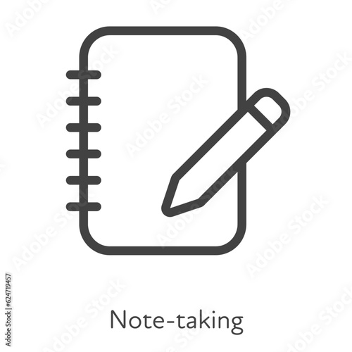 Outline style ui icons hard skill collection. Education and business. Vector black linear icon illustration. Notepad with pen note taking symbol isolated on white background. Design element