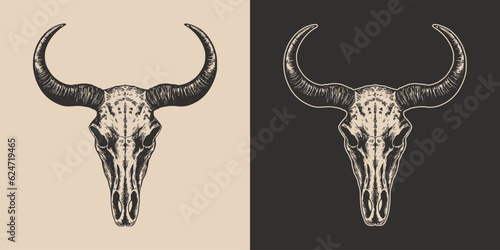 Set of vintage retro scary spooky cow bull skull head skeleton. Cowboy Native American. Can be used like emblem, logo, badge, label. mark, poster or print. Monochrome Graphic Art. Vector.