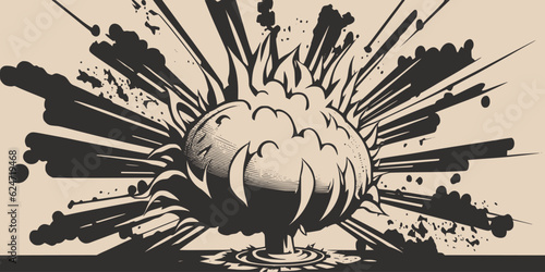 Vintage retroo cartoon comics ink abstract drawing texture background with huge atomic explosion. Graphic Vector