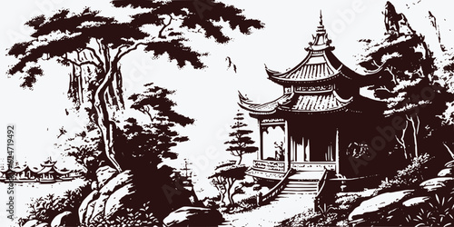 VIntage retro engraving style Chinese Japan Korean Asian temple tower with trees nature wild landscape. Background outdoor adventure vibe. Graphic Art Vector