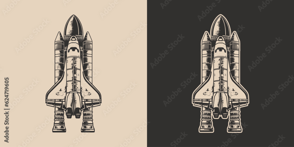 Set of vintage galaxy space rocket shuttle. Can be used like emblem, logo, badge, label. mark, poster or print. Monochrome Graphic Art. Vector. Hand drawn elements engraving
