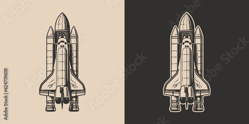 Set of vintage galaxy space rocket shuttle. Can be used like emblem, logo, badge, label. mark, poster or print. Monochrome Graphic Art. Vector. Hand drawn elements engraving