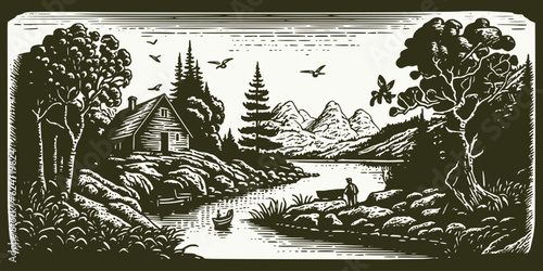 VIntage retro engraving style scandinavian adventure landscape outdoor scene. Journey vacation viking explore vibe. Graphic Art Vector