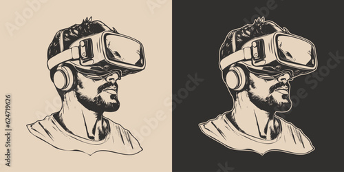 Vintage retro engraving hand drawn vr virtual reality ai mask headset helmet glass. Future innovation technology education cyber. Graphic Art