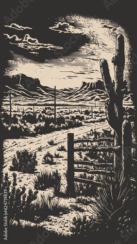 Mountain desert texas background landscape. Wild west western adventure explore inspirational vibe. Graphic Art. Engraving style