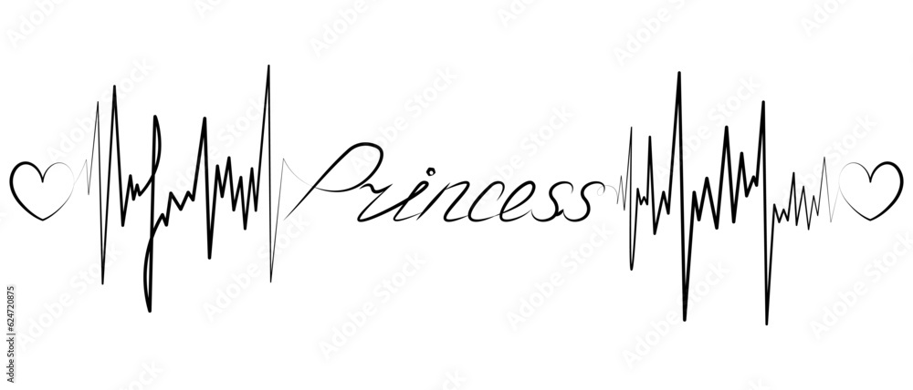Princess. The text is embellished with pulses and hearts. Sketch. Vector illustration. Broken zigzag line and romantic lettering in italics. Outline on isolated background. Idea for web design