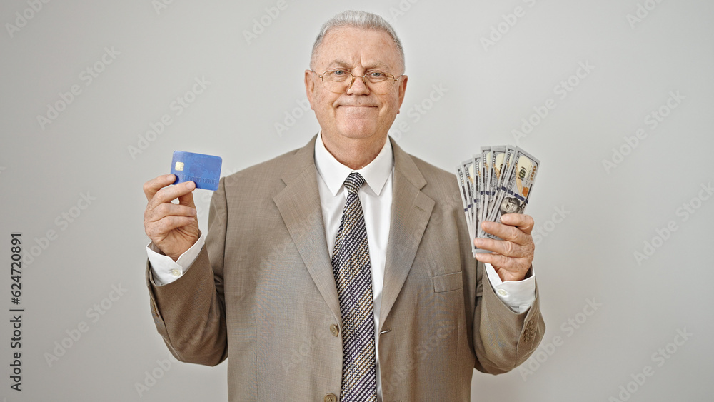 Middle age grey-haired man business worker holding dollars and credit card over isolated white background