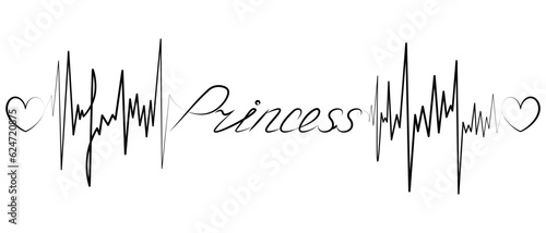 Princess. The text is embellished with pulses and hearts. Sketch. Vector illustration. Broken zigzag line and romantic lettering in italics. Outline on isolated background. Idea for web design