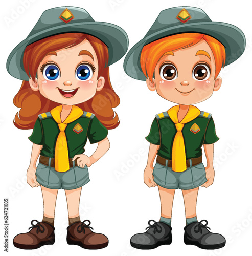 Boy and girl scout in uniform cartoon character