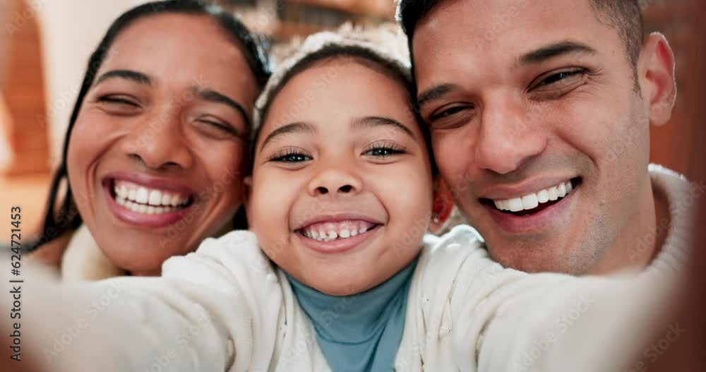 Girl child, parents and selfie with face, smile or together for post, blog or update on social media in family home. Dad, mother and daughter for memory, photography or profile picture for portrait Girl child, parents and selfie with face, smile or together for post, blog or update on social media in family home. Dad, mother and daughter for memory, photography or profile picture for portrait