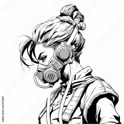 anime woman in respirator outline black outlin photo