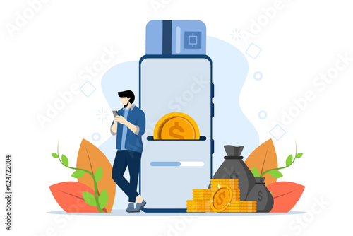 Concept of secure mobile payment, online banking, card to card money transfer service, transaction, donation, digital wallet. man making payment with smartphone app. Flat vector illustration.