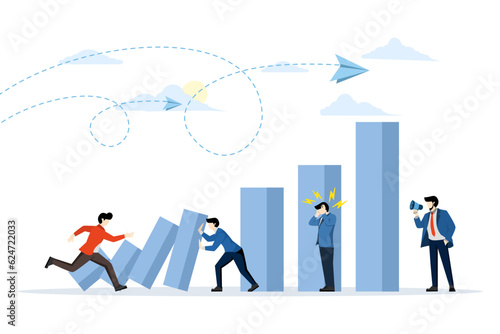 Domino effect. Businessman stop falling dominoes. Crisis management, financial intervention and conflict prevention vector concept. Business management stop falling domino column domino effect.