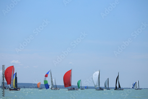 Sailing boats compete on 55.th Kekszalag championship at the Lake Balaton