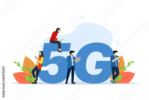 5G network wireless technology concept. People standing and sitting near big 5G sign and using smartphone gadgets. High speed mobile internet connection. Innovation. flat vector illustration.