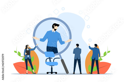 We are recruiting concept. The perfect young candidate emerges from a large magnifying glass. deployment. online recruiting and headhunting agency. Interview. Hiring employees. Vector illustration