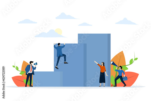 business motivation and ambition concept  business team overcoming obstacles and achieving success  overcoming problems in business  crossing boundaries. Flat vector illustration on a white background