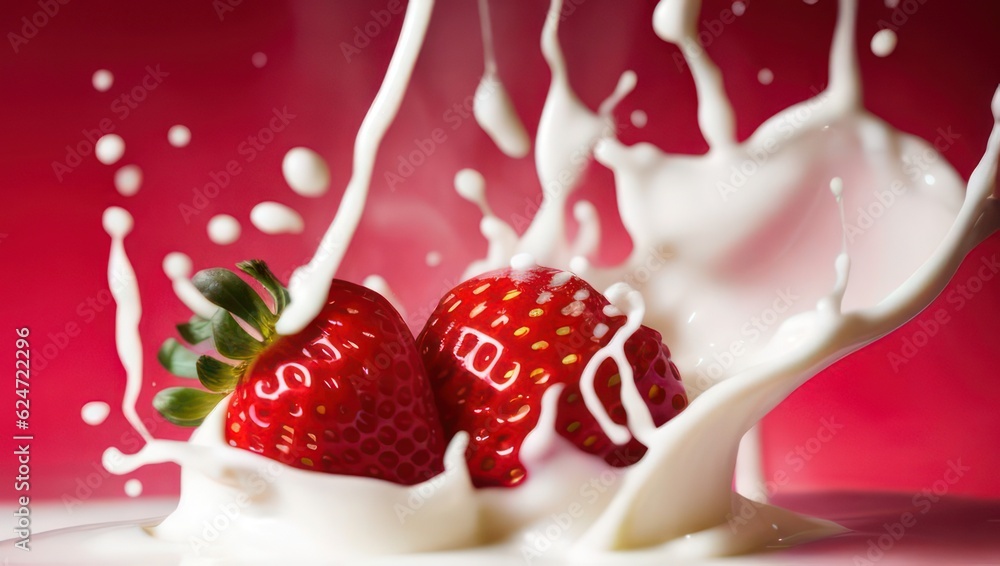 Strawberry falling into milk and splashing. Generative AI
