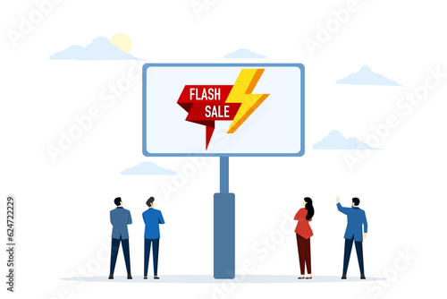 flash sale and special offer concept for web banner and website. People looking at big sale banner or billboard. Business promotion. Landing page template. Flat vector illustration.