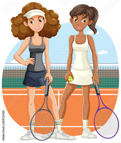 Two Women Tennis Players in Court