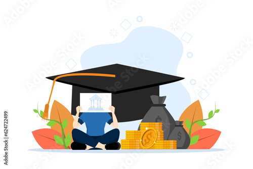 Concept of student loan, education credit, paid training. Students invest money in education. People pay tuition. Students take out educational loans at banks. Flat vector illustration.