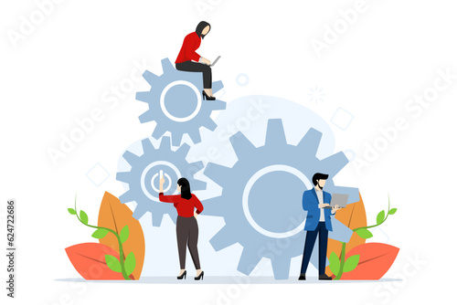 Business mechanism concept. Peer link mechanism. Strategy analysis, communication, business promotion, team work. Abstract background with gears. Flat vector illustration on a white background.