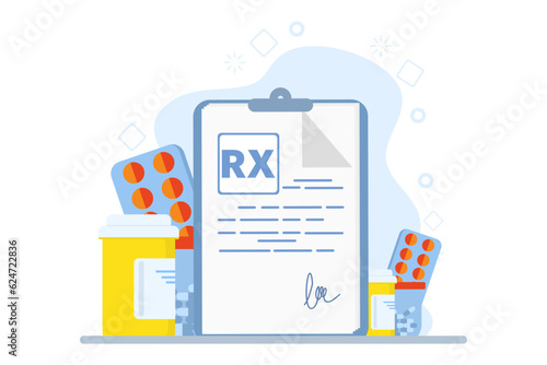 Medicine and pharmacy concept, healthcare, online prescription, disease therapy pills, painkillers. Doctor writing signature. doctor's prescription Rx. Vector illustration in flat design